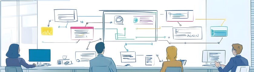 Poster - A team collaborating in a modern workspace, analyzing data on screens, discussing strategies and solutions for project success.