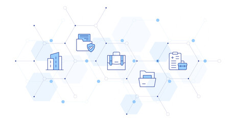  Office Banner Vector Illustration with Icon Style in Between. Line Duotone icon. Containing documents, folder, building, office syndrome, briefcase