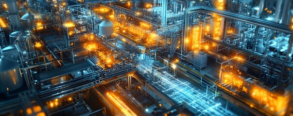 Poster - A vibrant view of a futuristic industrial landscape, featuring glowing pipes and machinery in a high-tech environment.