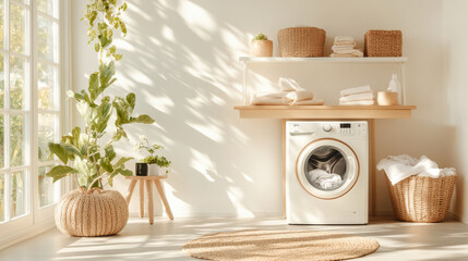 Wall Mural - A bright and airy laundry room featuring modern washing machine, neatly arranged towels, and decorative plants. warm sunlight casts beautiful shadows, creating serene atmosphere