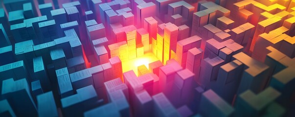 Poster - Abstract maze with colorful illumination, showcasing a mesmerizing pattern of light and shadows in a digital landscape.