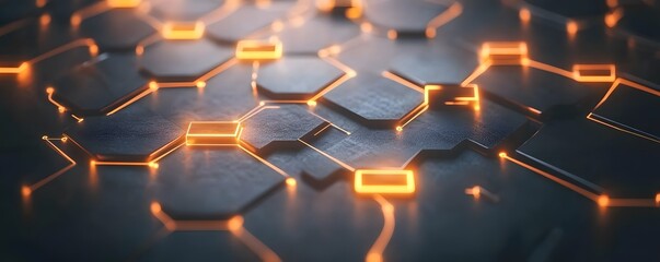 Poster - Abstract technology background with glowing hexagonal patterns and metallic surface, ideal for digital design and innovation themes.