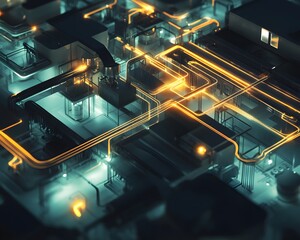 Poster - Aerial view of a futuristic city with glowing pathways and intricate connections, embodying innovation and modern technology.