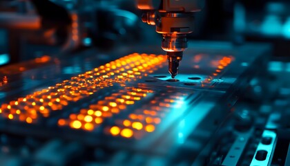 Poster - Close-up of a modern industrial machine with vibrant orange and blue lights, showcasing advanced technology and precision engineering.