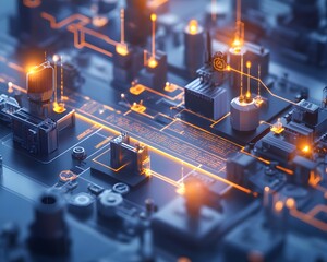 Poster - Close-up view of a digital circuit board with glowing components and intricate patterns, symbolizing technology and innovation.