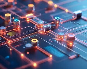 Poster - Close-up view of a futuristic circuit board with glowing elements and intricate connections, symbolizing advanced technology.