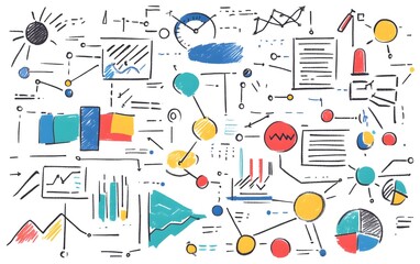 Poster - Colorful abstract data visualization featuring graphs, charts, and diagrams on a white background for business insights.