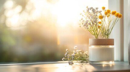 A serene candle with wooden lid holds delicate flowers, capturing warm glow of sunlight streaming through window. This peaceful scene evokes tranquility and calmness