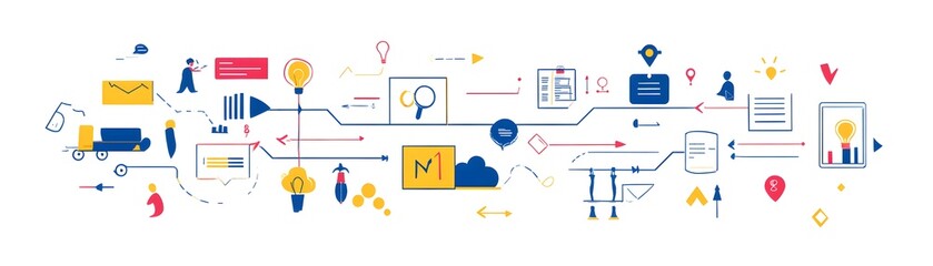 Poster - Creative illustration showcasing digital workflow with icons, charts, and people in a progressive design for presentations and marketing.