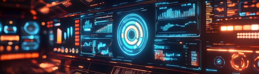 Poster - futuristic control panel with glowing interfaces, graphs, and data displays. ideal for technology an