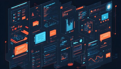 Poster - Futuristic data visualization with colorful charts and graphs on digital interfaces, representing technology and analytics.