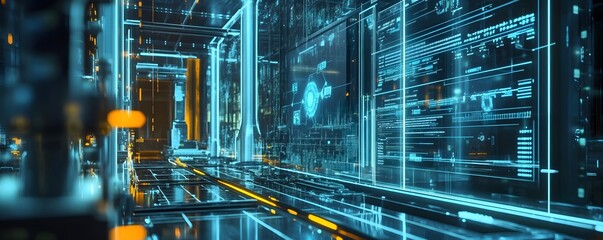 Poster - Futuristic digital corridor with glowing blue and orange data streams, showcasing advanced technology and innovation.