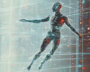 Poster - Futuristic humanoid robot model with digital interface, exploring advanced technology in a cybernetic environment.