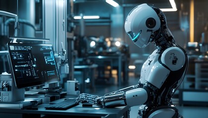 Poster - futuristic humanoid robot working on a computer in a high-tech lab, showcasing advanced technology a