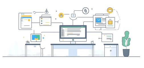 Fototapete - Modern workspace illustration featuring computer, documents, and digital communication tools for remote work environments.