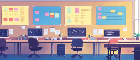 Fototapete - Modern workspace with charts and notes, featuring computers and ergonomic chairs for productivity and creativity.