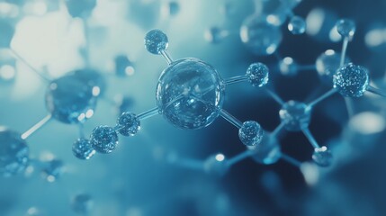 Poster - A close-up view of molecular structures, showcasing interconnected atoms in a blue, ethereal environment.