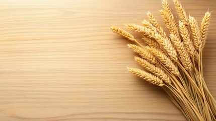 Golden wheat harvest, closeup of freshly cut stalks on rustic wooden table, celebrating autumn's bounty