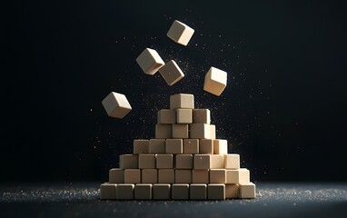 Poster - A creative arrangement of wooden blocks forming a pyramid with falling cubes, showcasing motion and design in a dark setting.