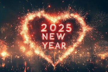 Abstract Happy 2025 New Year greeting card with heart shape. Low poly style design. Abstract geometric background. Wireframe light structure. Modern 3d graphic concept.