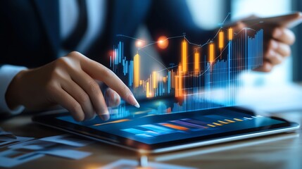 Poster - A person analyzing financial data on a tablet, featuring graphs and charts with a futuristic, illuminated display.