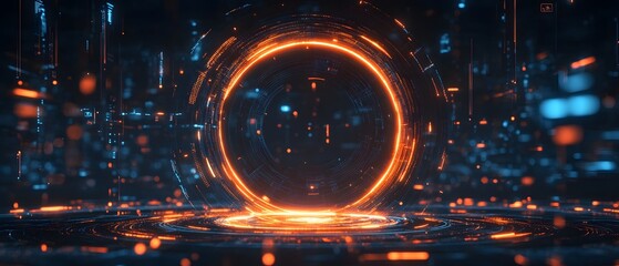 Poster - A futuristic portal with glowing orange circle in a digital abstract environment, reflecting technology and innovation.