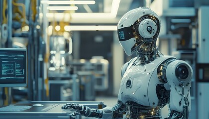 Poster - a futuristic robot interacting with technology in a modern laboratory, showcasing advanced artificia