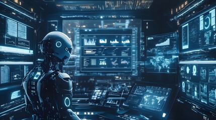 Poster - A futuristic robot interacting with advanced technology in a control room, showcasing digital screens and holograms.