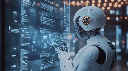 Poster - A futuristic robot interacts with digital data on a transparent screen, showcasing advanced technology and innovation in AI.