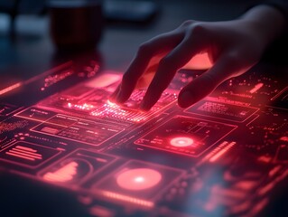 Poster - A hand interacting with a glowing digital interface, showcasing technology and innovation in a futuristic environment.