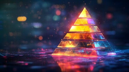 Poster - A mesmerizing illuminated pyramid rises from a reflective surface, showcasing vibrant colors and intricate layers in a dreamlike setting.