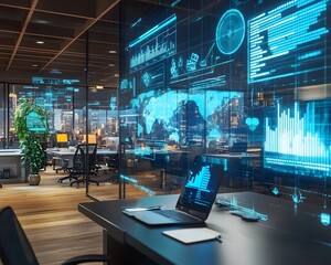 Poster - A modern office space featuring high-tech data visualization on screens, creating a productive atmosphere for work.