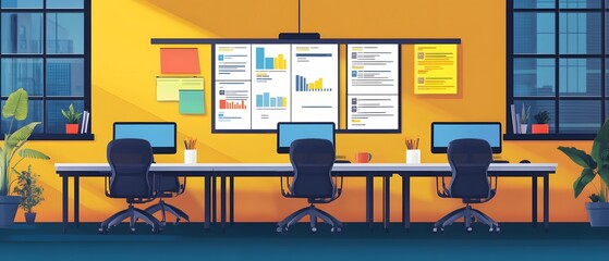 Poster - A modern office workspace featuring computers, charts, and plants, designed for collaboration and creativity in an inspiring environment.