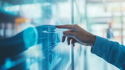 Poster - Hand of business professional interacting with futuristic digital interface, analyzing data on virtual screen in modern office environment.