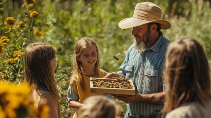 a beekeeper explaining the importance of bees in agriculture to a group of visitors at an open farm 