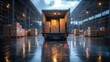 © Рудой Максим - Loading boxes into a truck at a warehouse during twilight with reflective wet surfaces and overhead lighting enhancing visibility