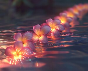 Wall Mural - cosmic power wave flora Pink flowers floating on water at night