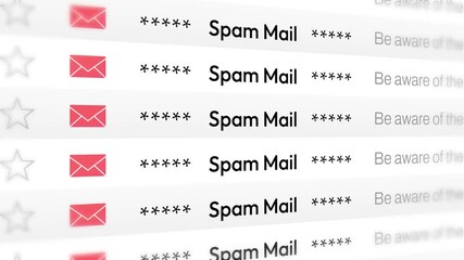 Poster - Spam Email notifications scrolling on a screen side view 4K Animation, seamless loop mail. Junk or fraud email red sign notification on screen with title background.