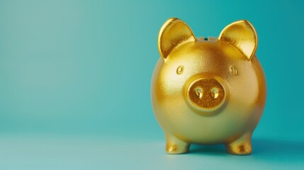 Golden piggy bank on blue pastel background