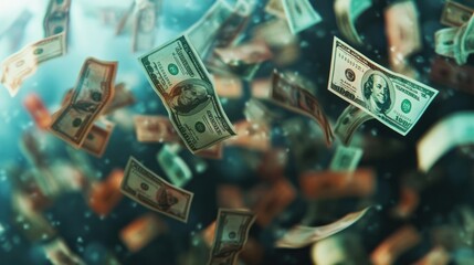 Scattered US 100 dollar banknotes, floating isolated with a realistic effect