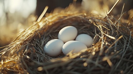 Photograph of white eggs in a nest made of straw and grass, each egg perfectly arranged in a natural pattern with soft light and shadow.