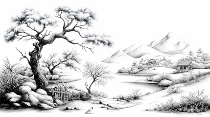 Wall Mural - serene monochrome landscape depicting a tranquil scene with mountains trees and a calm water body in