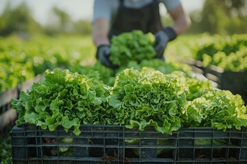 Workers harvesting lettuce in a field of leafy greens. Crates are filled with fresh lettuce heads, Generative AI