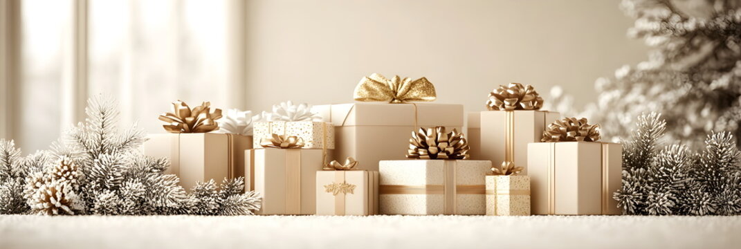Christmas gifts with golden bows and New Year decorations on beige background. New Year greeting horizontal banner copyspace. 3D computer graphic template with place for text.