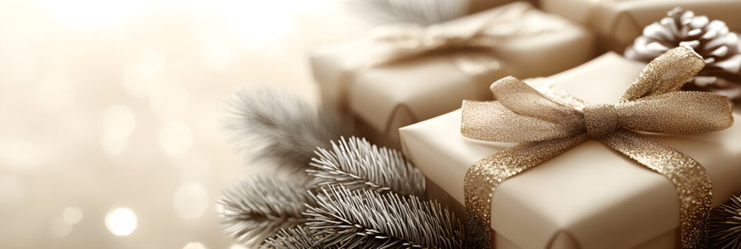 Christmas gifts with golden bows and New Year decorations on beige background. New Year greeting horizontal banner copyspace. 3D computer graphic template with place for text.