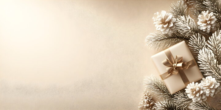 Christmas gifts with golden bows and New Year decorations on beige background. New Year greeting horizontal banner copyspace. 3D computer graphic template with place for text.