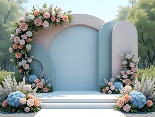 Outdoor photo of minimalist and elegant wedding setting. in a spring garden theme stage backdrop that features dusty blue, gray