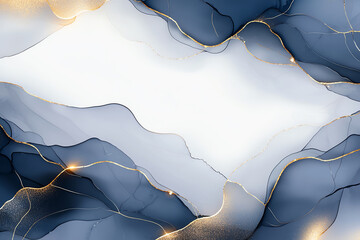 Poster - Abstract watercolor texture with blue and gold waves and white center, perfect for elegant backgrounds and artistic designs.