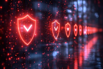 A row of glowing red shields with check marks on a dark digital background.