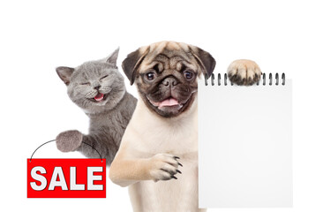 Poster - Happy cat and Pug puppy look at camera. Dog shows blank notepad. Kitten  shows signboard with labeled 